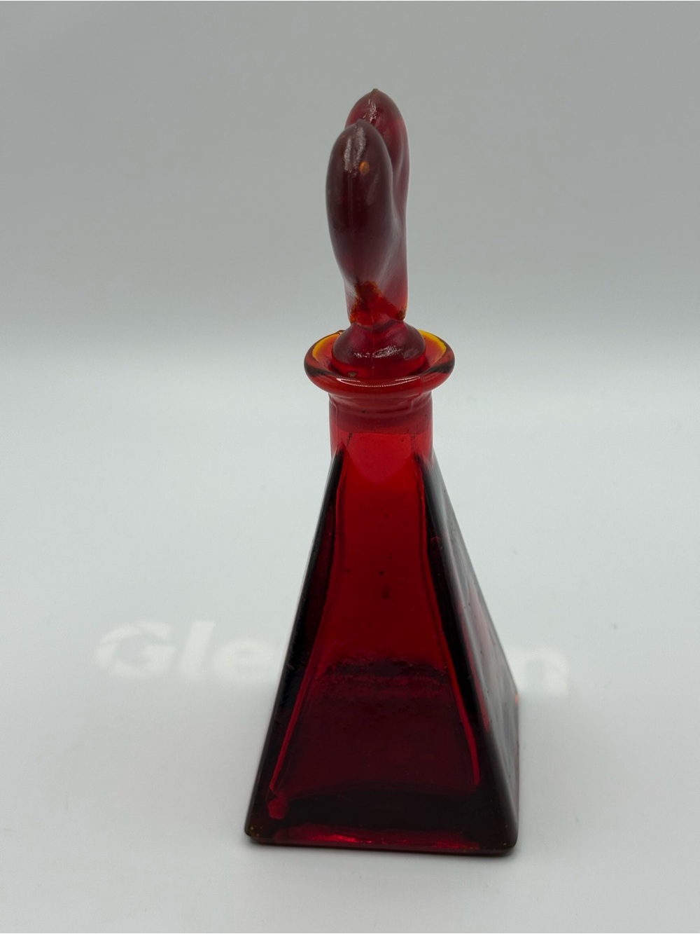 VTG Ruby Red Art Glass Bottle W/ Heart Shaped Stopper Triangle Base Glows 6.5” - Picture 7 of 16